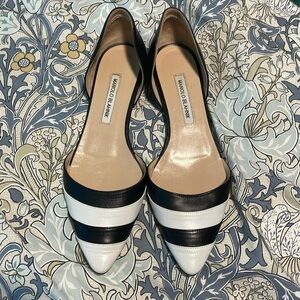 Black and white striped Manolo Blahnik pointed toe flats.  EUC.  Size 40.